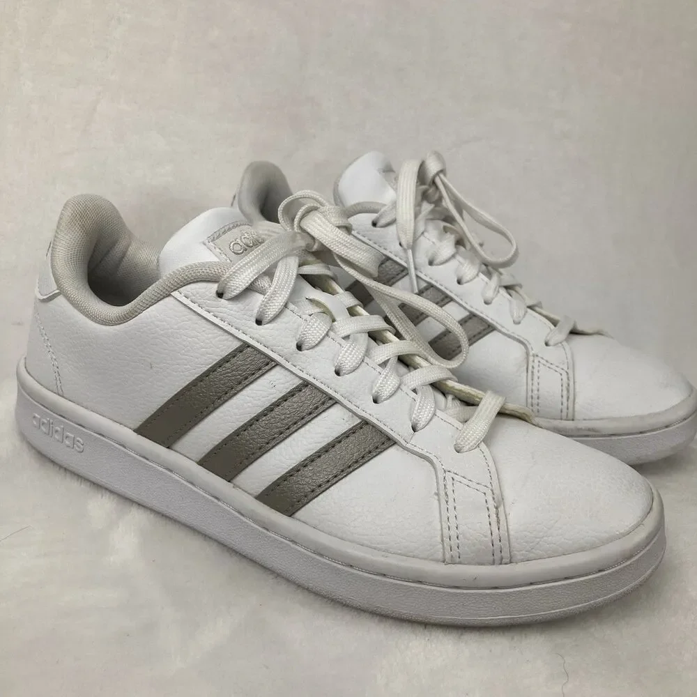 Adidas Sneakers Women’s Size 6 Grand Court White Metallic Silver Stripe Tennis